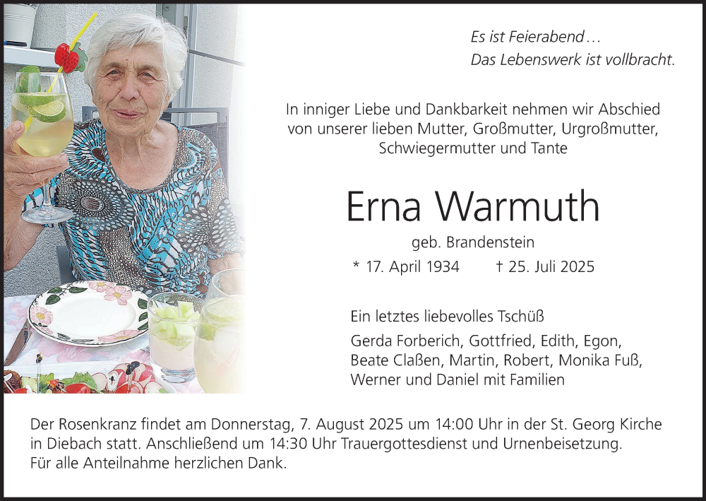  Traueranzeige für Erna Warmuth vom 02.08.2025 aus MGO