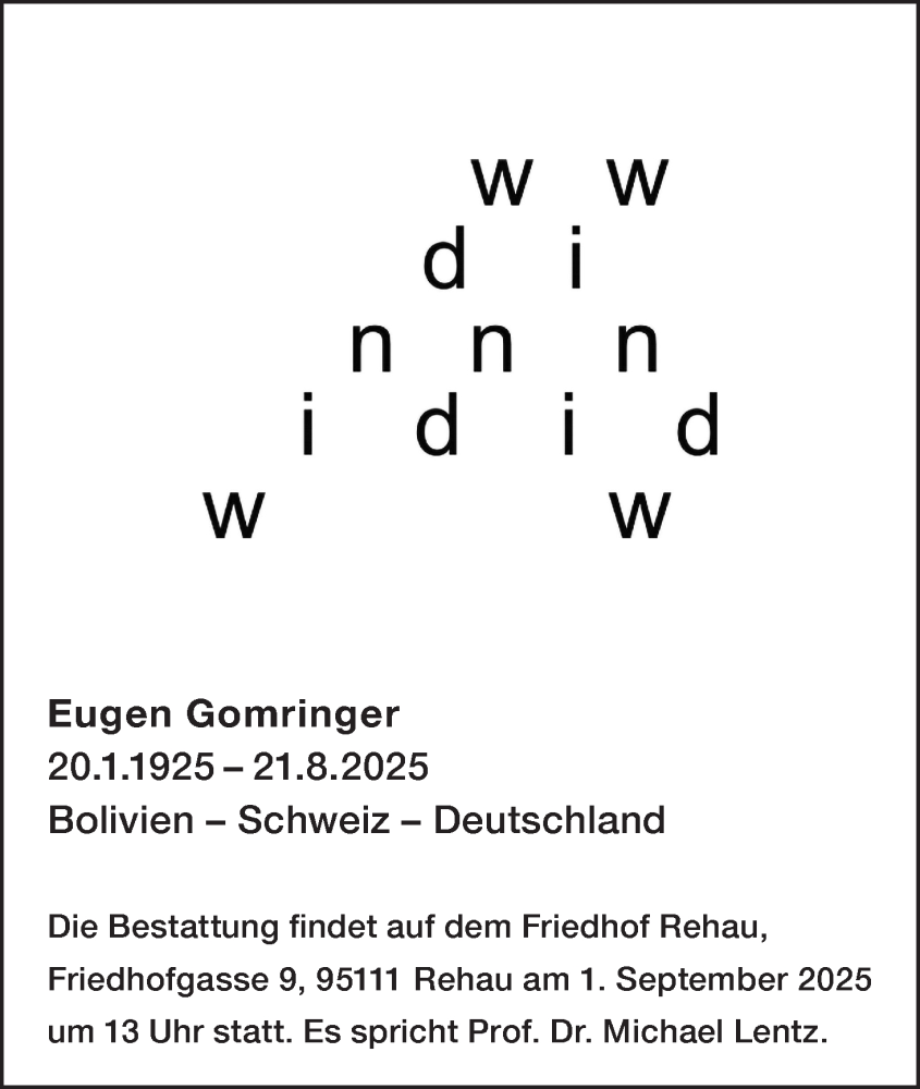  Traueranzeige für Eugen Gomringer vom 30.08.2025 aus MGO