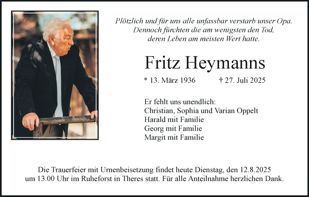  Traueranzeige für Fritz Heymanns vom 12.08.2025 aus MGO