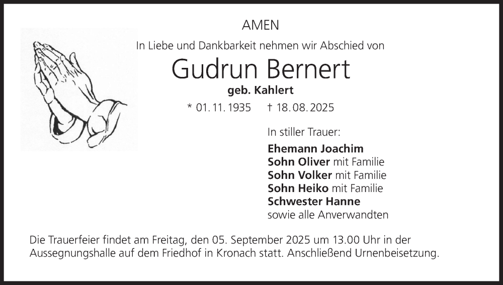  Traueranzeige für Gudrun Bernert vom 30.08.2025 aus MGO