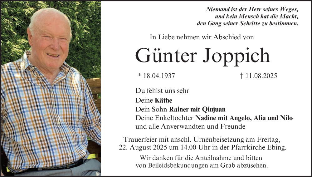  Traueranzeige für Günter Joppich vom 16.08.2025 aus MGO