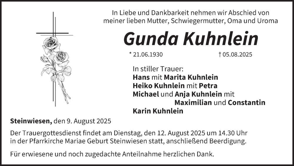  Traueranzeige für Gunda Kuhnlein vom 09.08.2025 aus MGO