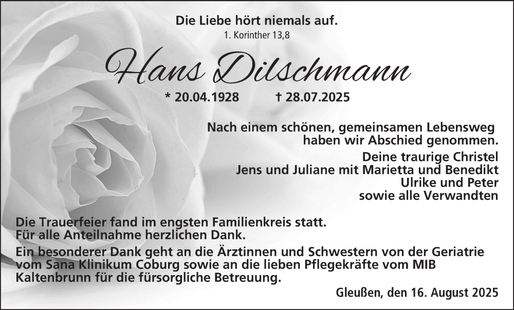  Traueranzeige für Hans Dilschmann vom 16.08.2025 aus MGO