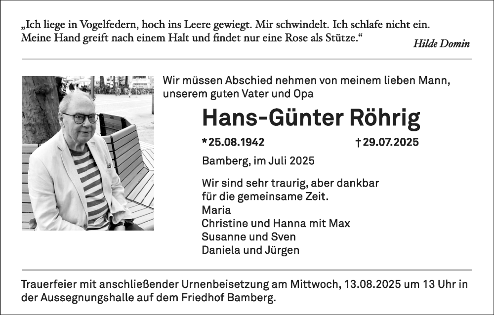  Traueranzeige für Hans-Günter Röhrig vom 09.08.2025 aus MGO