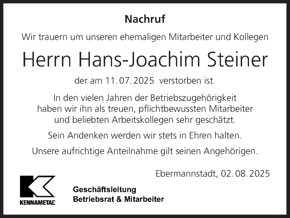  Traueranzeige für Hans-Joachim Steiner vom 02.08.2025 aus MGO