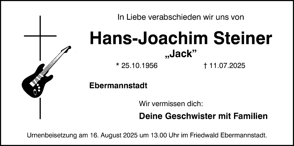  Traueranzeige für Hans-Joachim Steiner vom 09.08.2025 aus MGO