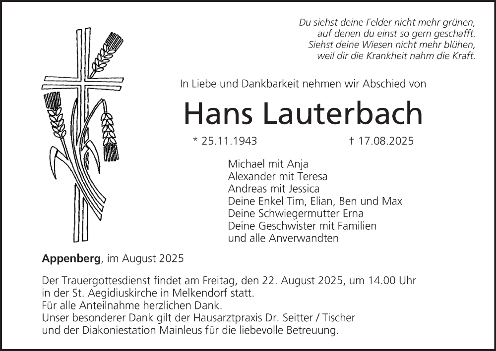  Traueranzeige für Hans Lauterbach vom 20.08.2025 aus MGO