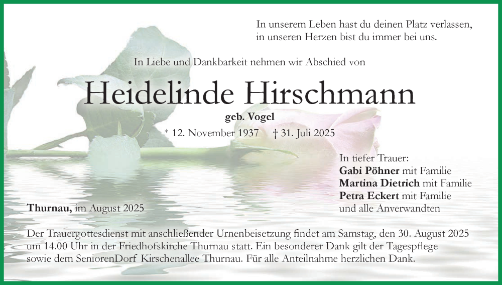  Traueranzeige für Heidelinde Hirschmann vom 23.08.2025 aus MGO