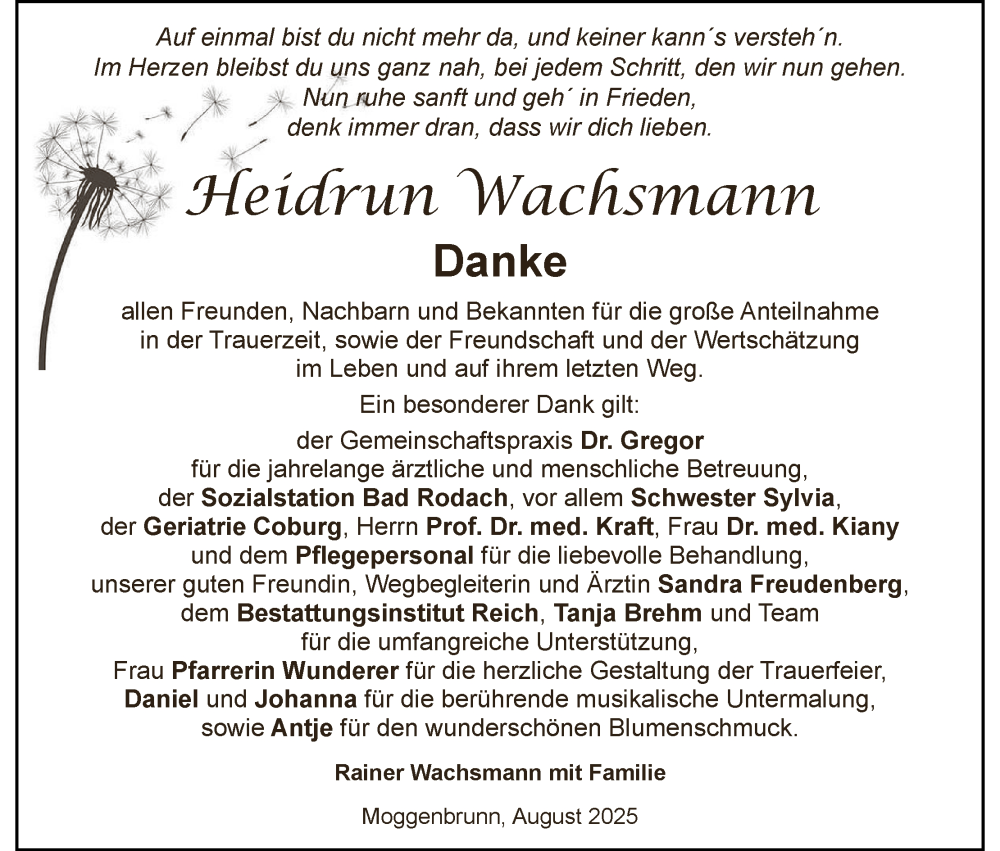  Traueranzeige für Heidrun Wachsmann vom 09.08.2025 aus MGO