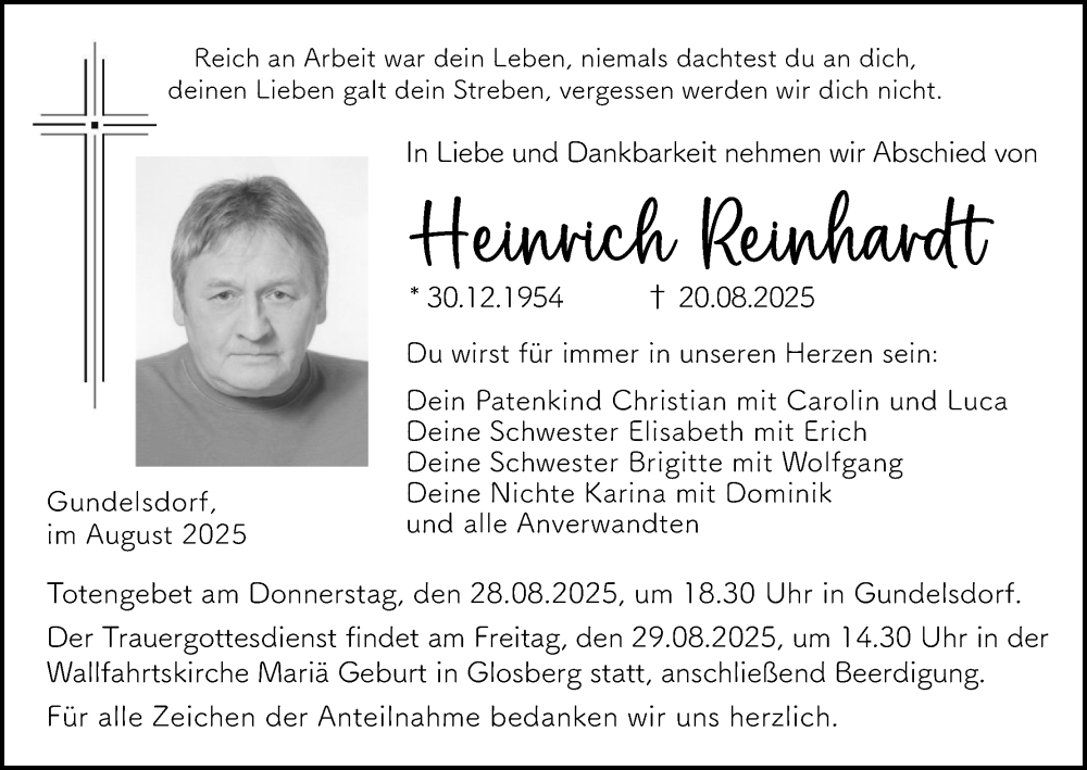  Traueranzeige für Heinrich Reinhardt vom 27.08.2025 aus MGO