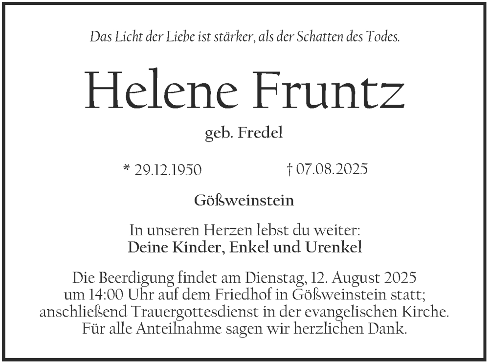  Traueranzeige für Helene Fruntz vom 09.08.2025 aus MGO