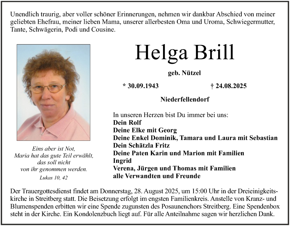  Traueranzeige für Helga Brill vom 27.08.2025 aus MGO