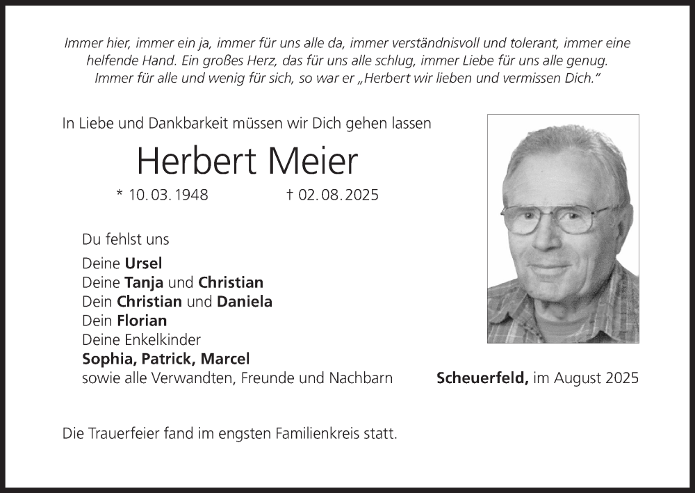  Traueranzeige für Herbert Meier vom 16.08.2025 aus MGO
