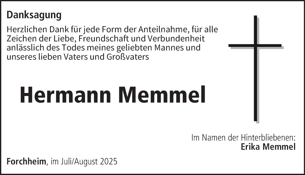  Traueranzeige für Hermann Memmel vom 02.08.2025 aus MGO