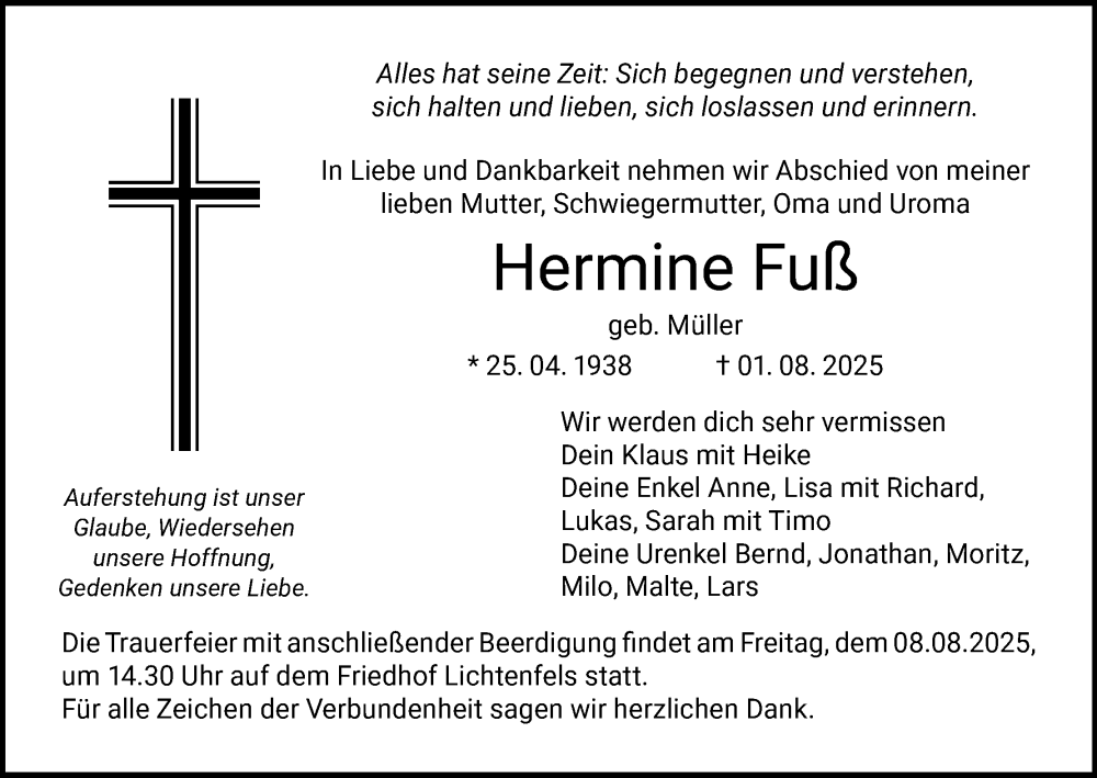  Traueranzeige für Hermine Fuß vom 06.08.2025 aus MGO