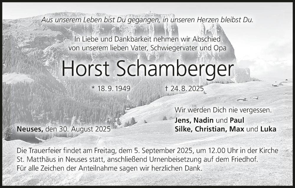  Traueranzeige für Horst Schamberger vom 30.08.2025 aus MGO