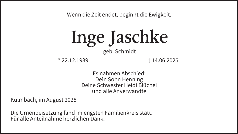  Traueranzeige für Inge Jaschke vom 09.08.2025 aus MGO