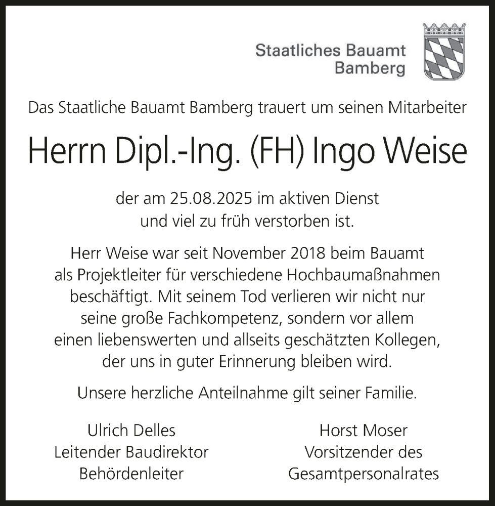  Traueranzeige für Ingo Weise vom 30.08.2025 aus MGO