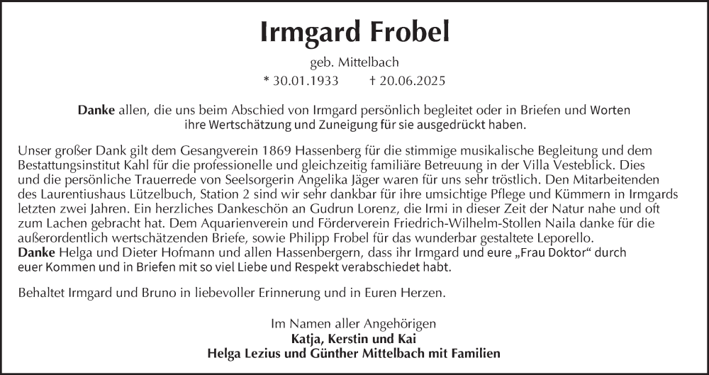  Traueranzeige für Irmgard Frobel vom 02.08.2025 aus MGO