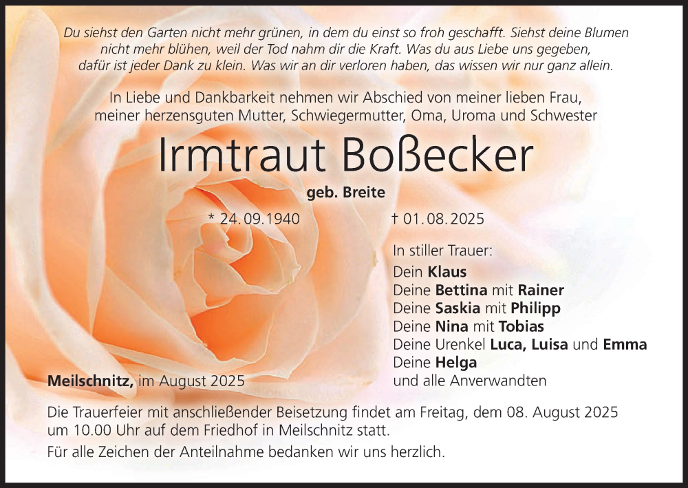  Traueranzeige für Irmtraut Boßecker vom 06.08.2025 aus MGO