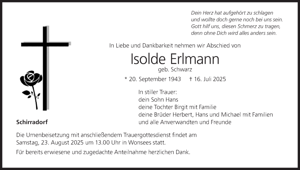  Traueranzeige für Isolde Erlmann vom 20.08.2025 aus MGO