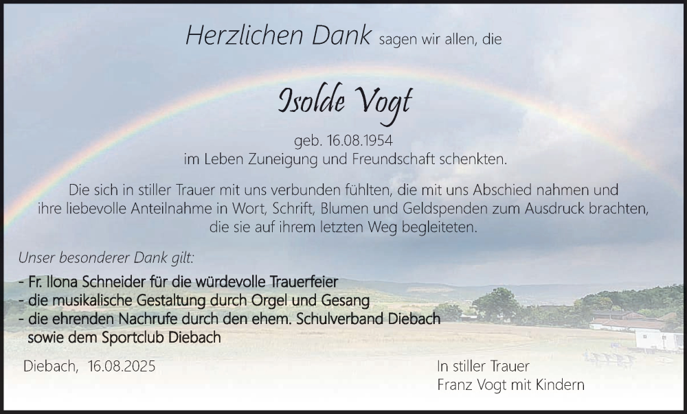  Traueranzeige für Isolde Vogt vom 16.08.2025 aus MGO