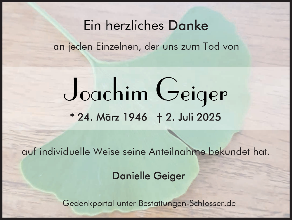  Traueranzeige für Joachim Geiger vom 02.08.2025 aus MGO