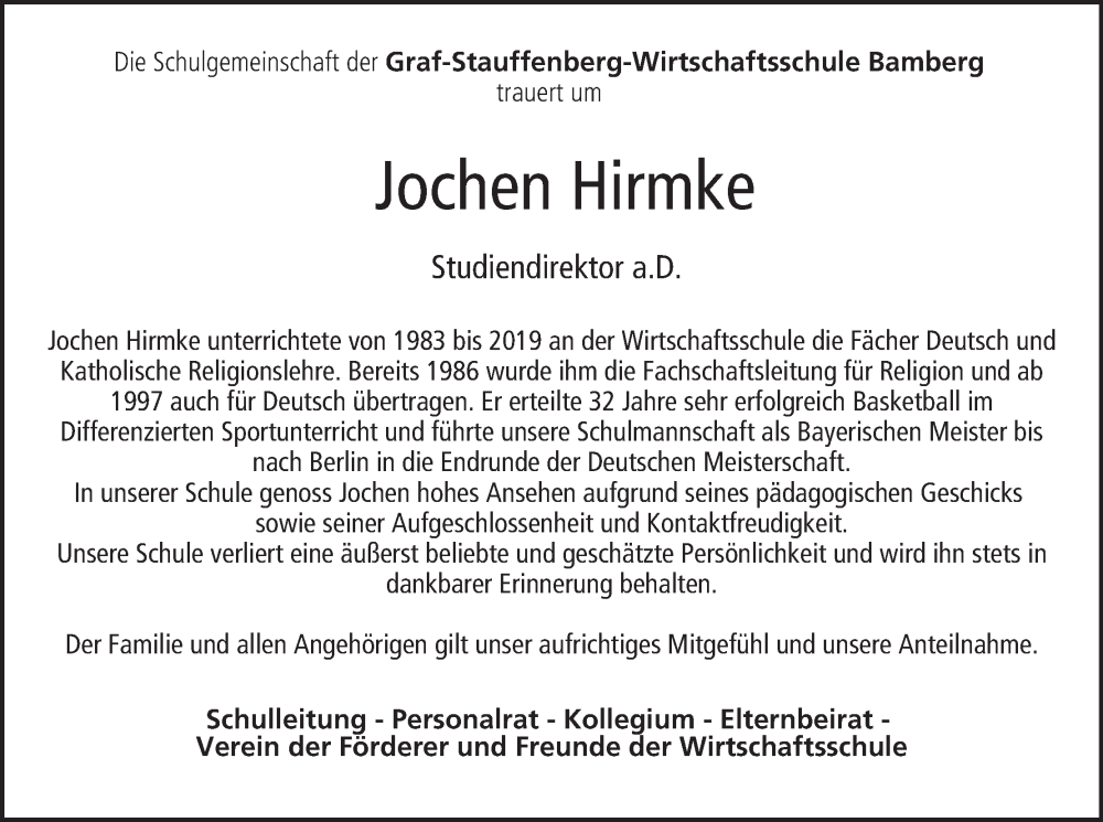  Traueranzeige für Jochen Hirmke vom 23.08.2025 aus MGO