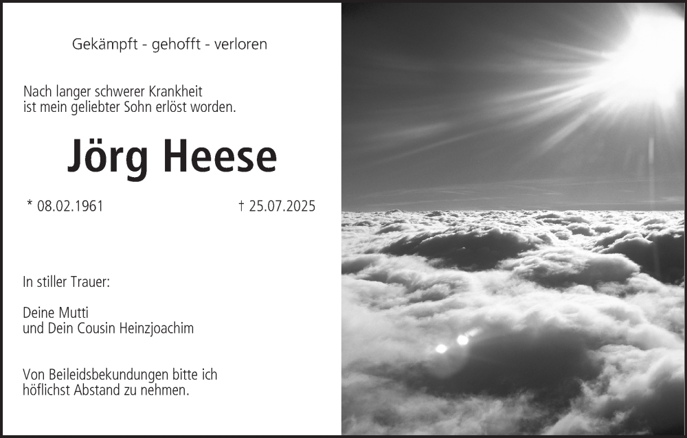  Traueranzeige für Jörg Heese vom 30.08.2025 aus MGO