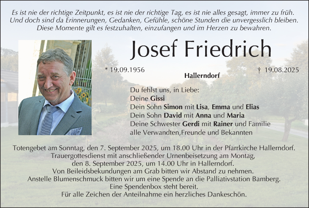  Traueranzeige für Josef Friedrich vom 30.08.2025 aus MGO