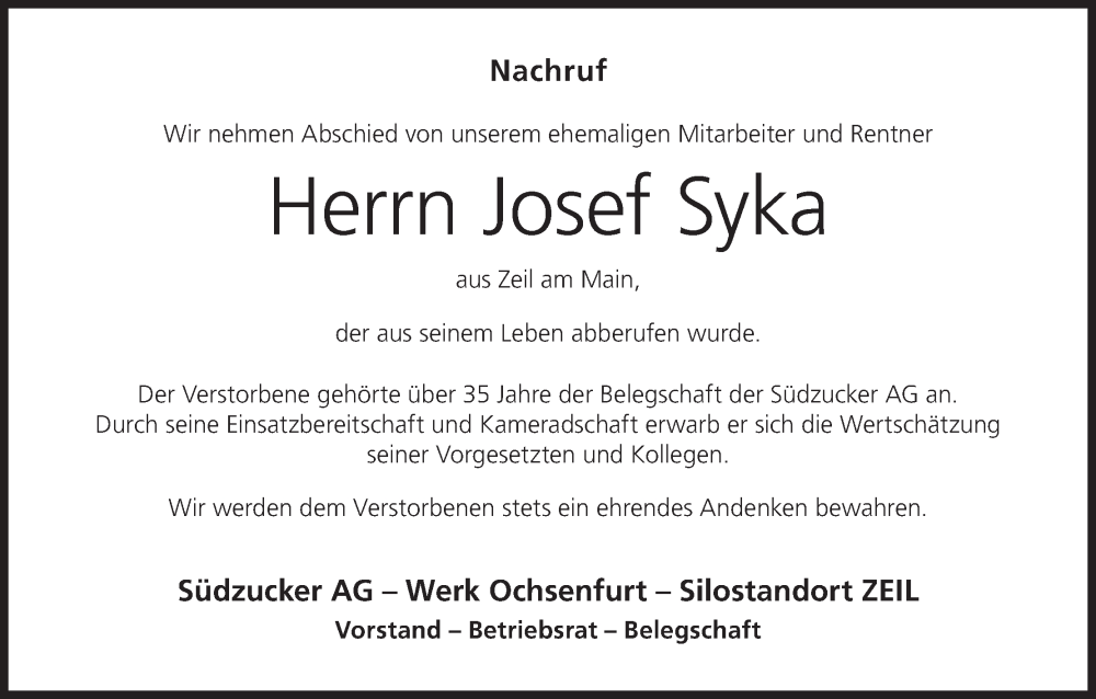  Traueranzeige für Josef Syka vom 06.08.2025 aus MGO