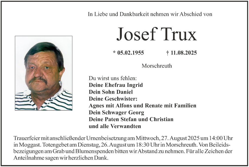  Traueranzeige für Josef Trux vom 23.08.2025 aus MGO