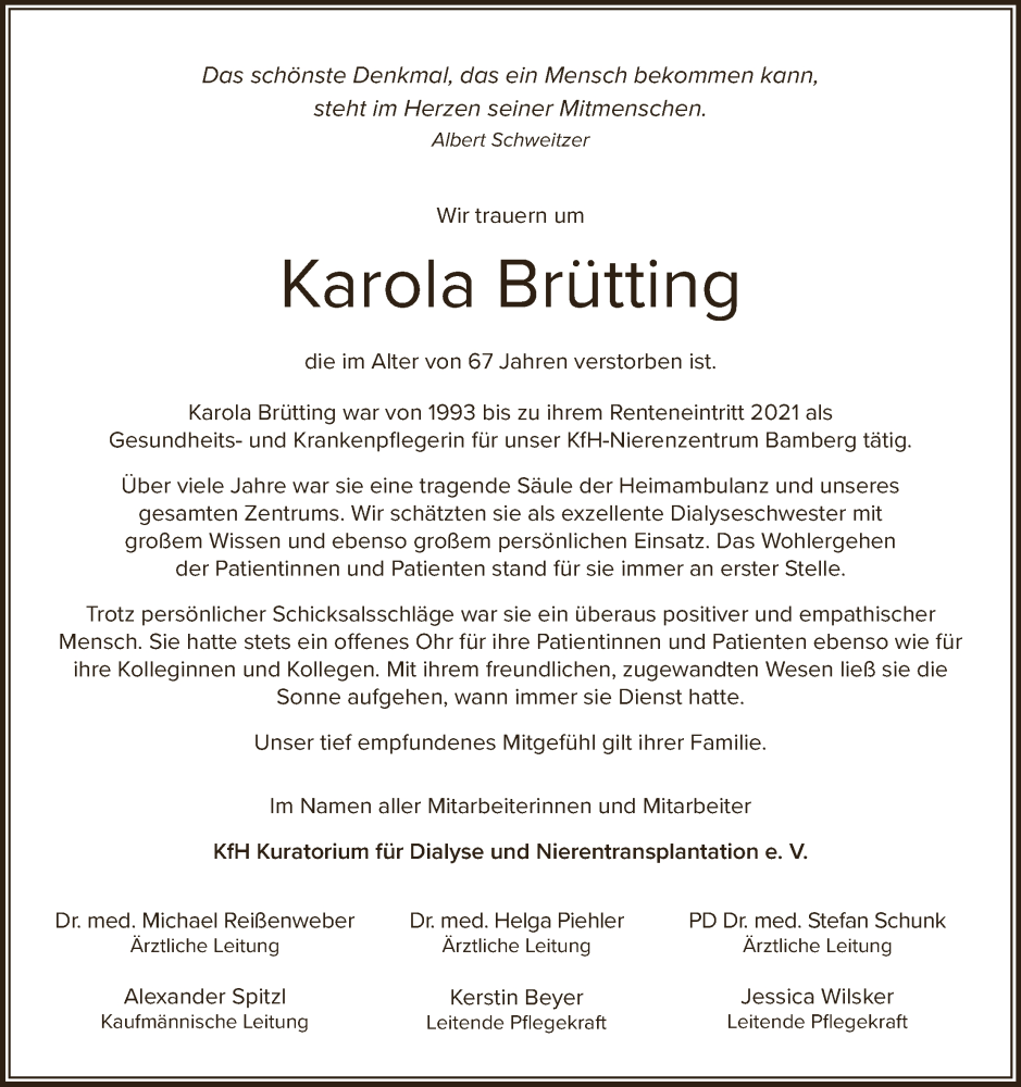  Traueranzeige für Karola Brütting vom 16.08.2025 aus MGO