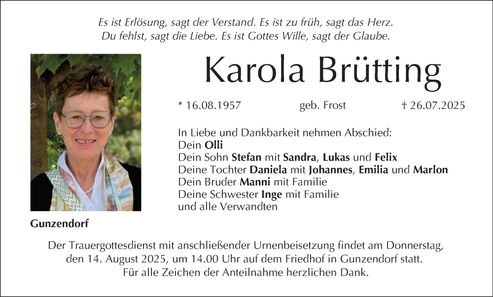  Traueranzeige für Karola Brütting vom 09.08.2025 aus MGO
