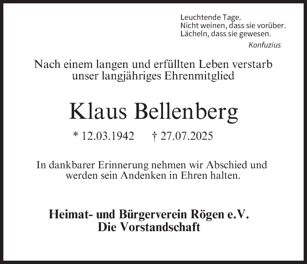  Traueranzeige für Klaus Bellenberg vom 09.08.2025 aus MGO