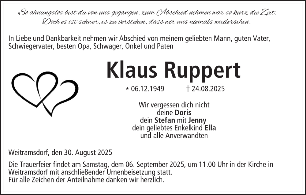  Traueranzeige für Klaus Ruppert vom 30.08.2025 aus MGO