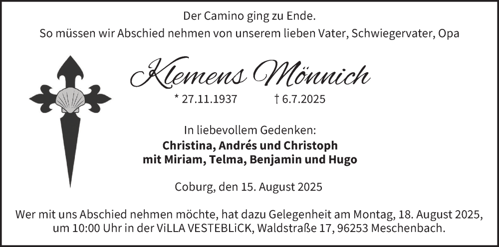  Traueranzeige für Klemens Mönnich vom 15.08.2025 aus MGO