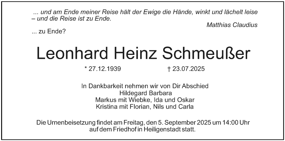  Traueranzeige für Leonhard Heinz Schmeußer vom 30.08.2025 aus MGO