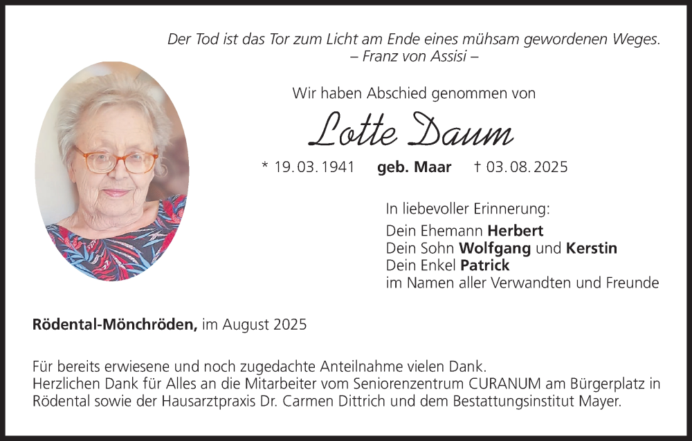  Traueranzeige für Lotte Daum vom 23.08.2025 aus MGO