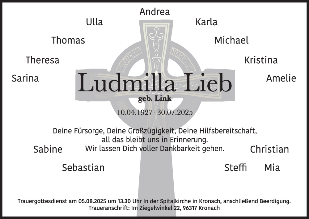  Traueranzeige für Ludmilla Lieb vom 02.08.2025 aus MGO