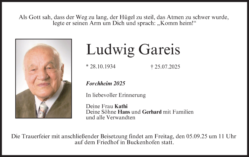  Traueranzeige für Ludwig Gareis vom 30.08.2025 aus MGO