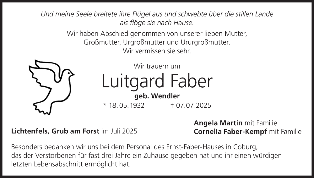  Traueranzeige für Luitgard Faber vom 02.08.2025 aus MGO
