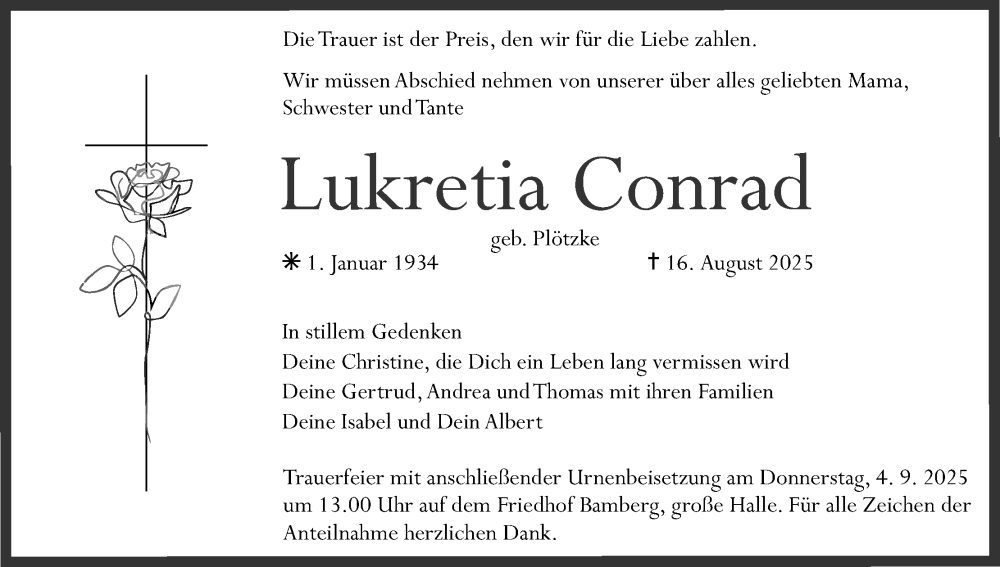  Traueranzeige für Lukretia Conrad vom 30.08.2025 aus MGO