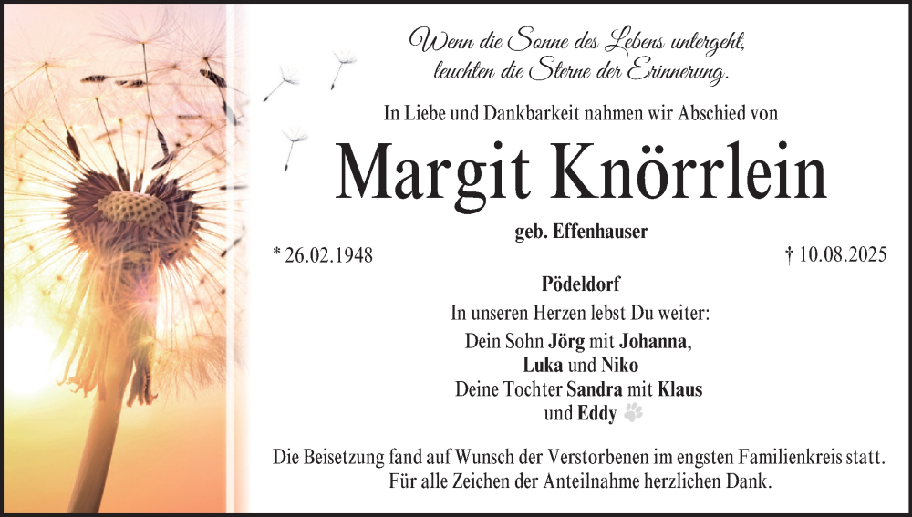  Traueranzeige für Margit Knörrlein vom 23.08.2025 aus MGO