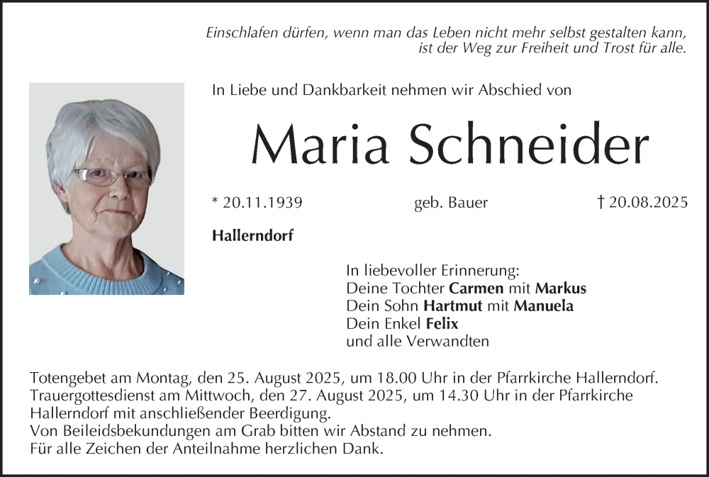  Traueranzeige für Maria Schneider vom 23.08.2025 aus MGO