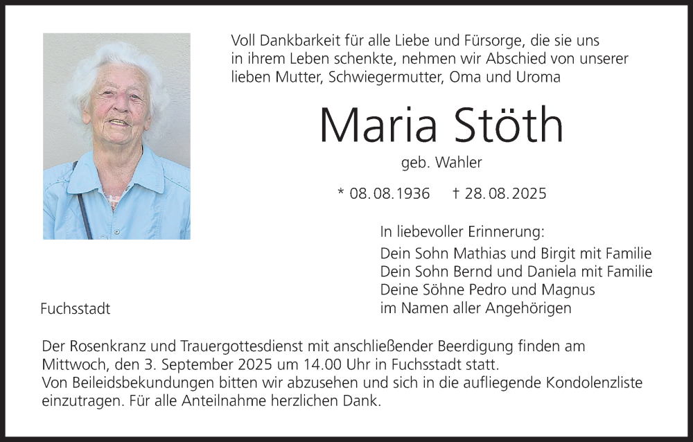  Traueranzeige für Maria Stöth vom 30.08.2025 aus MGO