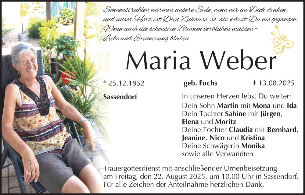  Traueranzeige für Maria Weber vom 19.08.2025 aus MGO