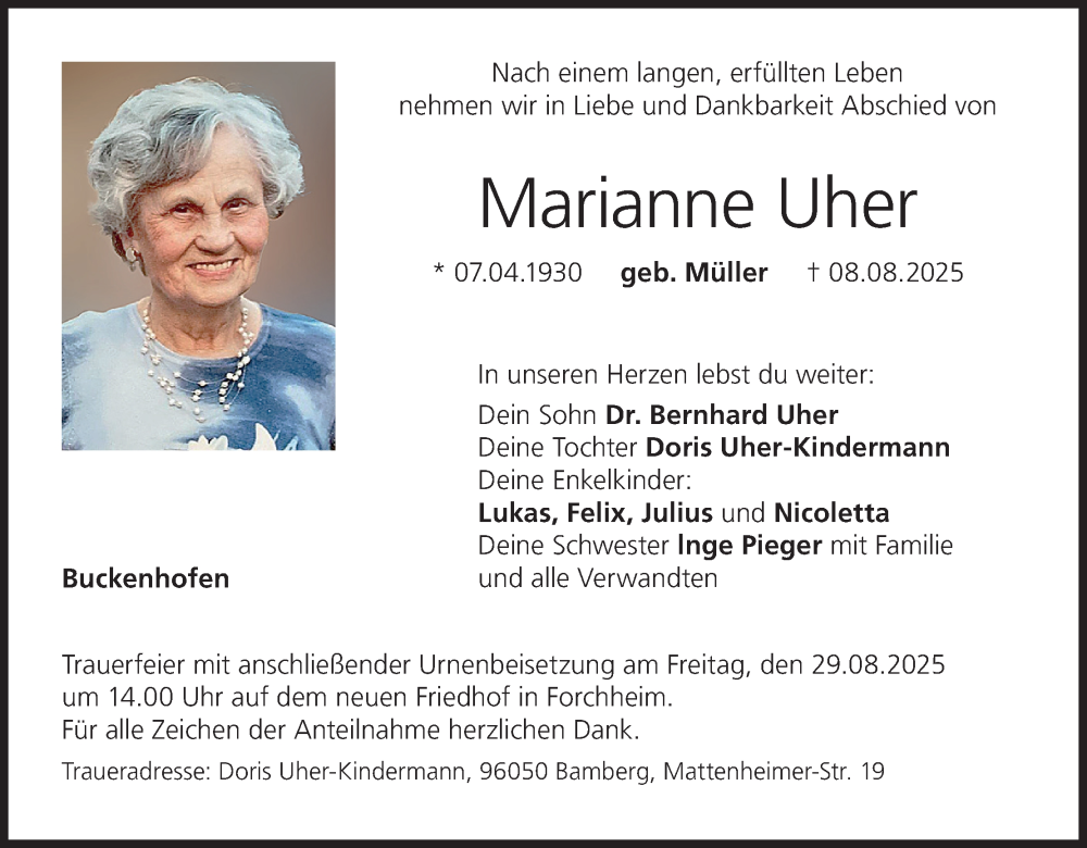  Traueranzeige für Marianne Uher vom 23.08.2025 aus MGO