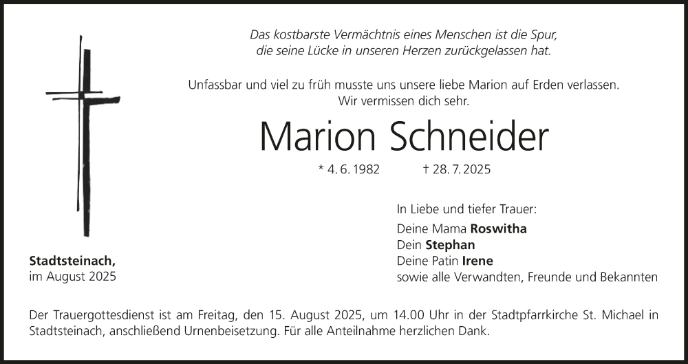  Traueranzeige für Marion Schneider vom 09.08.2025 aus MGO