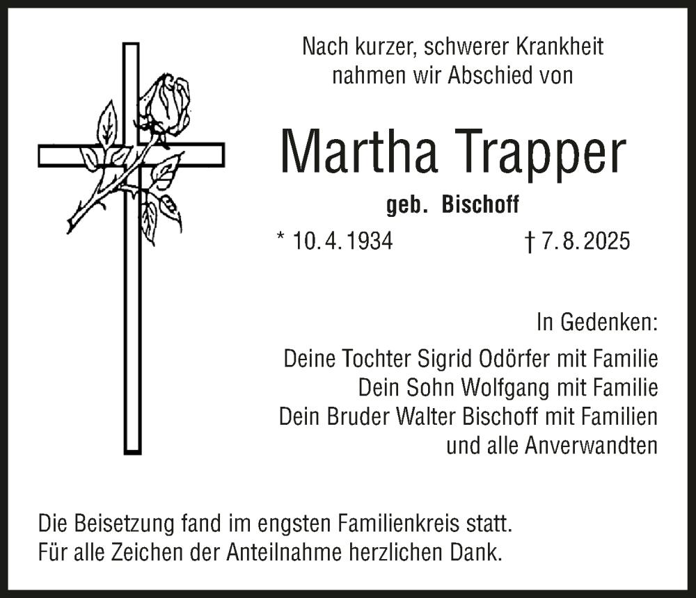  Traueranzeige für Martha Trapper vom 30.08.2025 aus MGO